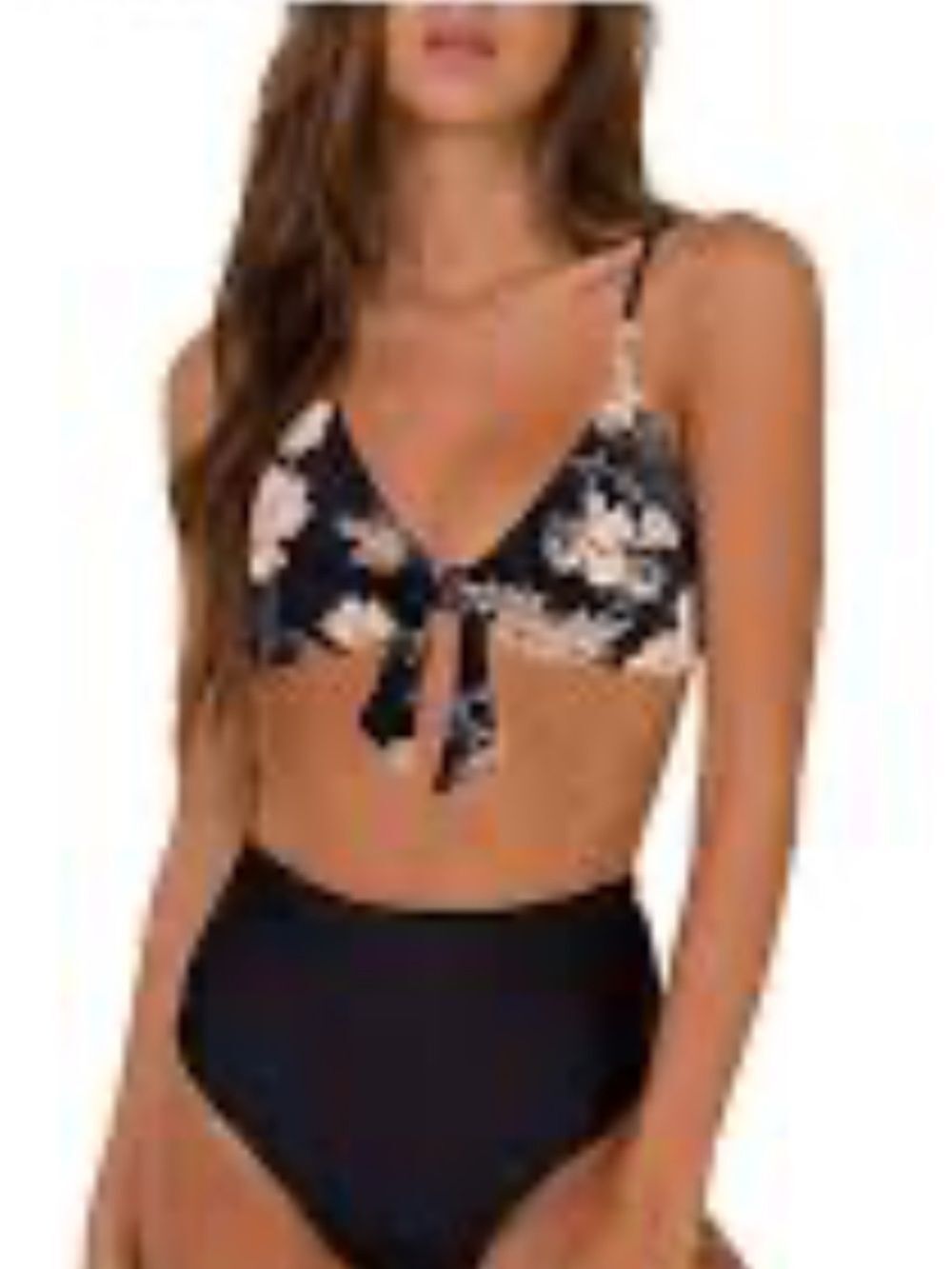 Blooming Jelly small floral bikini top black peachy orange tie front